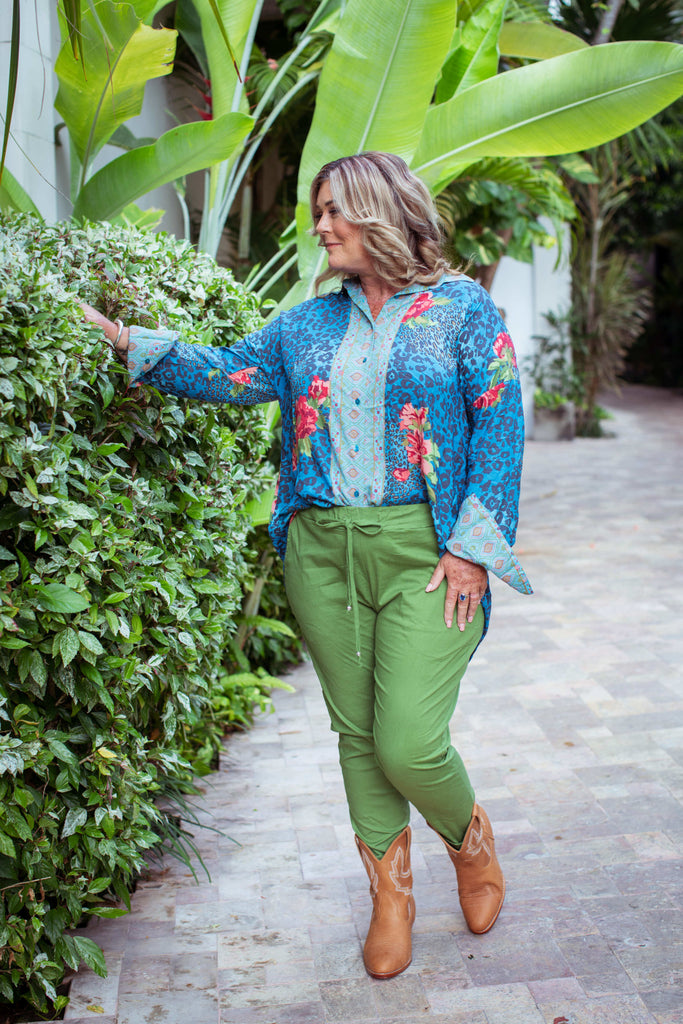 Taleeta - Leaf Cotton Pants -  Blue Hibiscus Jungle Blouse  - Facing Front Left - Fullshot