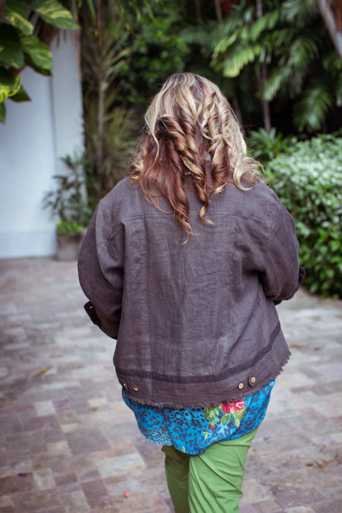 Taleeta - Leaf Cotton Pants -  Blue Hibiscus Jungle Blouse & Stone Jacket  - Facing Backward - Medium Fullshot