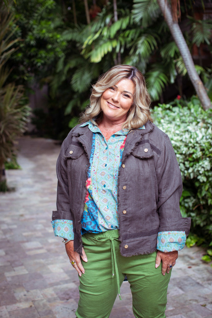 Taleeta - Leaf Cotton Pants - Blue Hibiscus Jungle Blouse & Stone Jacket - Facing Front - Medium Fullshot