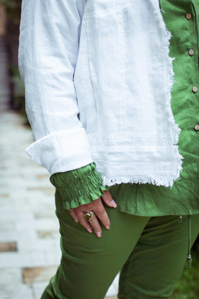 Taleeta - Leaf Cotton Pants -  Leaf Puff Sleeve Shirt & White Jacket - Facing Front -  Midway Closup Shot