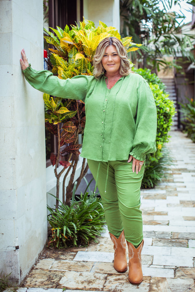 Taleeta - Leaf Puff Sleeve Shirt - Leaf Cotton Pants - Facing Front - Arm Stretched - Fullshot