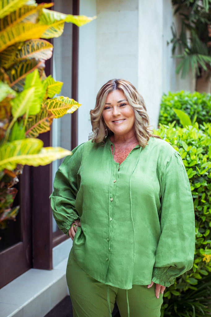 Taleeta - Leaf Puff Sleeve Shirt - Leaf Cotton Pants - Facing Front - Medium Fullshot