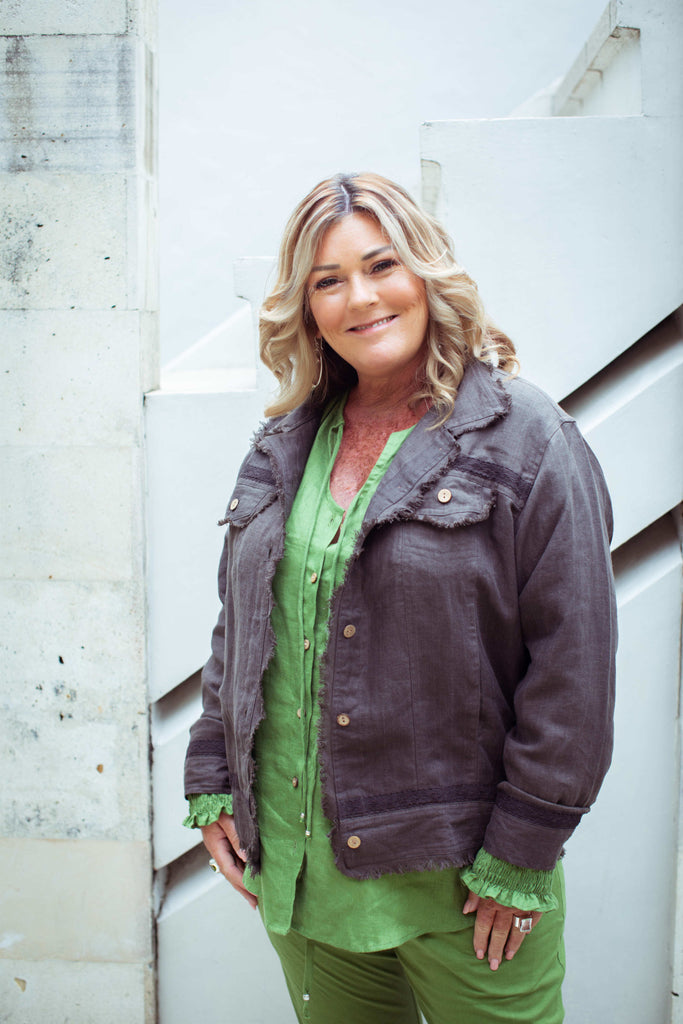 Taleeta - Leaf Puff Sleeve Shirt - Leaf Cotton Pants & Stone Jacket & Leather Bag - Facing Front Left - Medium Fullshot