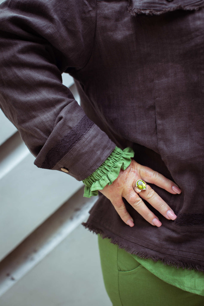 Taleeta - Leaf Puff Sleeve Shirt - Leaf Cotton Pants & Stone Jacket - Facing Front Left - Midway Closeup Shot