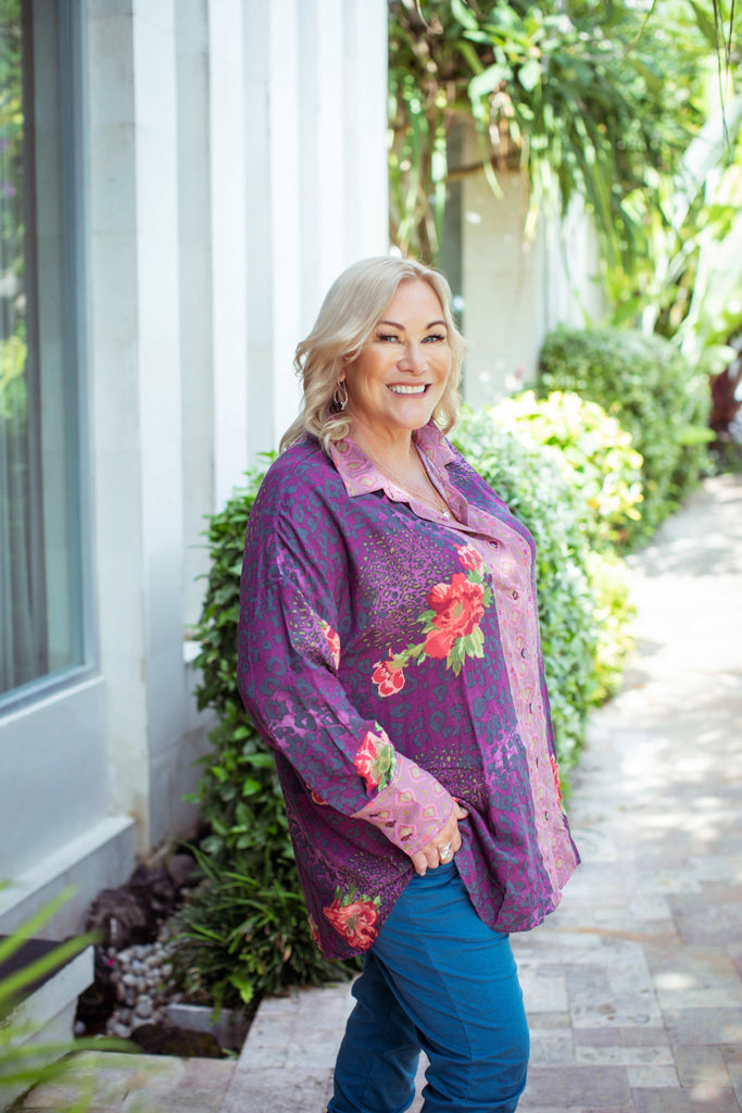 Taleeta - Purple Hibiscus Jungle Blouse - Blue Cotton Pants - Facing Right Side - Medium Fullshot