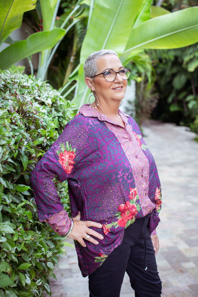 Taleeta - Purple Hibiscus Jungle Blouse - Indigo Cotton Pants - Facing Front Right - Medium Fullshot