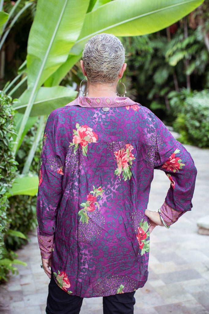 Taleeta - Purple Hibiscus Jungle Blouse - Indigo Cotton Pants - Facing Backward - Medium Fullshot