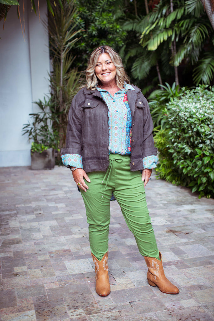 Taleeta - Stone Jacket - Blue Hibiscus Jungle Blouse & Leaf Cotton Pants - Facing Front - Fullshot