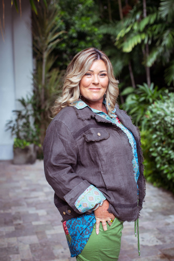 Taleeta - Stone Jacket - Blue Hibiscus Jungle Blouse & Leaf Cotton Pants - Facing Right Side - Medium Fullshot