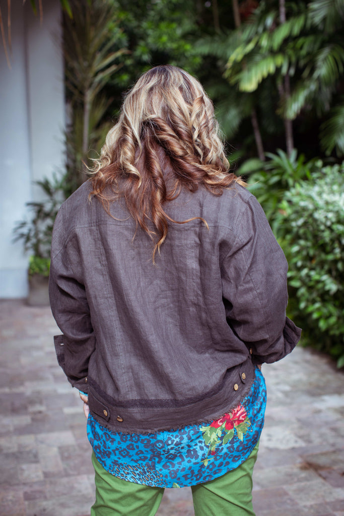 Taleeta - Stone Jacket - Blue Hibiscus Jungle Blouse & Leaf Cotton Pants - Facing Backward - Medium Fullshot
