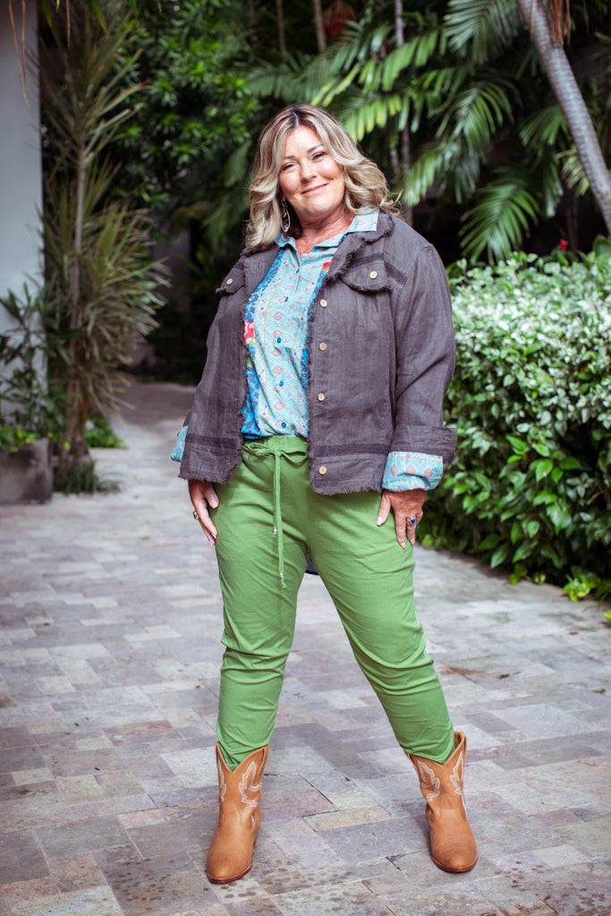 Taleeta - Stone Jacket - Blue Hibiscus Jungle Blouse & Leaf Cotton Pants - Facing Front Left - Fullshot