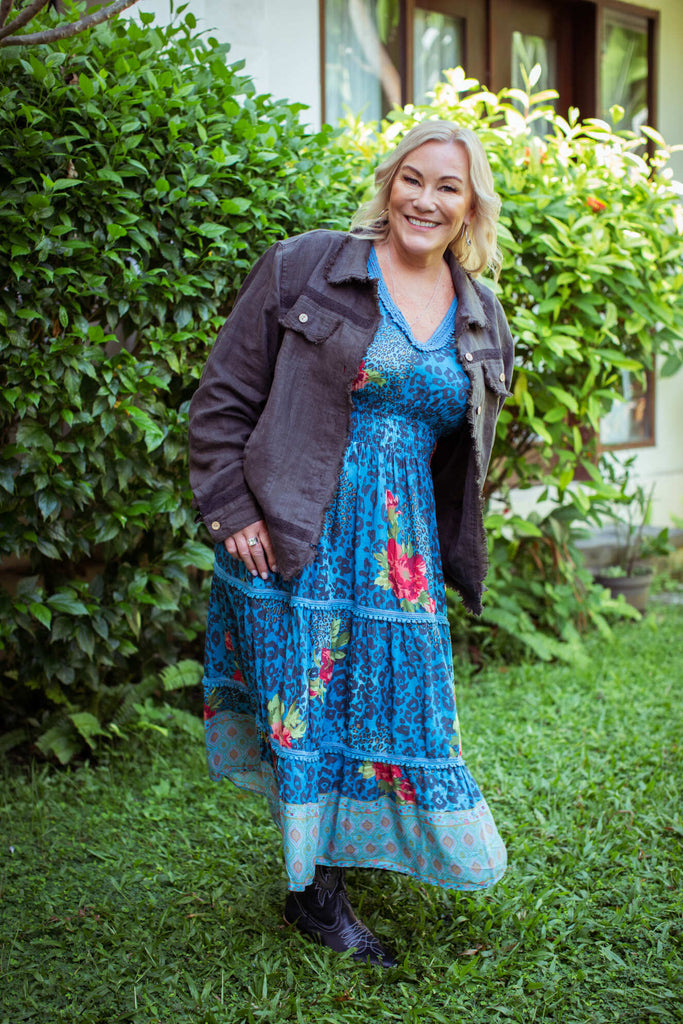 Taleeta - Stone Jacket - Blue Hibiscus Jungle Dress - Facing Front - Fullshot