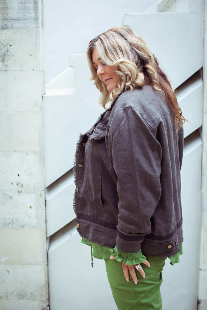 Taleeta - Stone Jacket - Leaf Puff Sleeve Shirt & Leaf Cotton Pants - Facing Left Side - Medium Fullshot