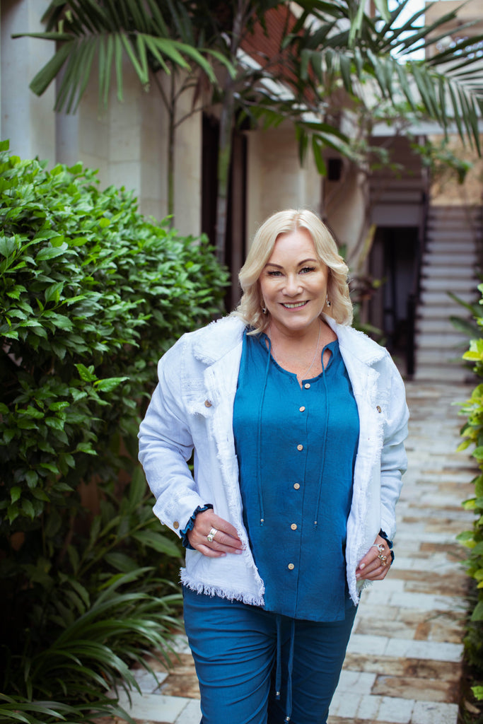 Taleeta - White Jacket - Blue Puff Sleeve Shirt & Blue Cotton Pants - Facing Front - Medium Fullshot