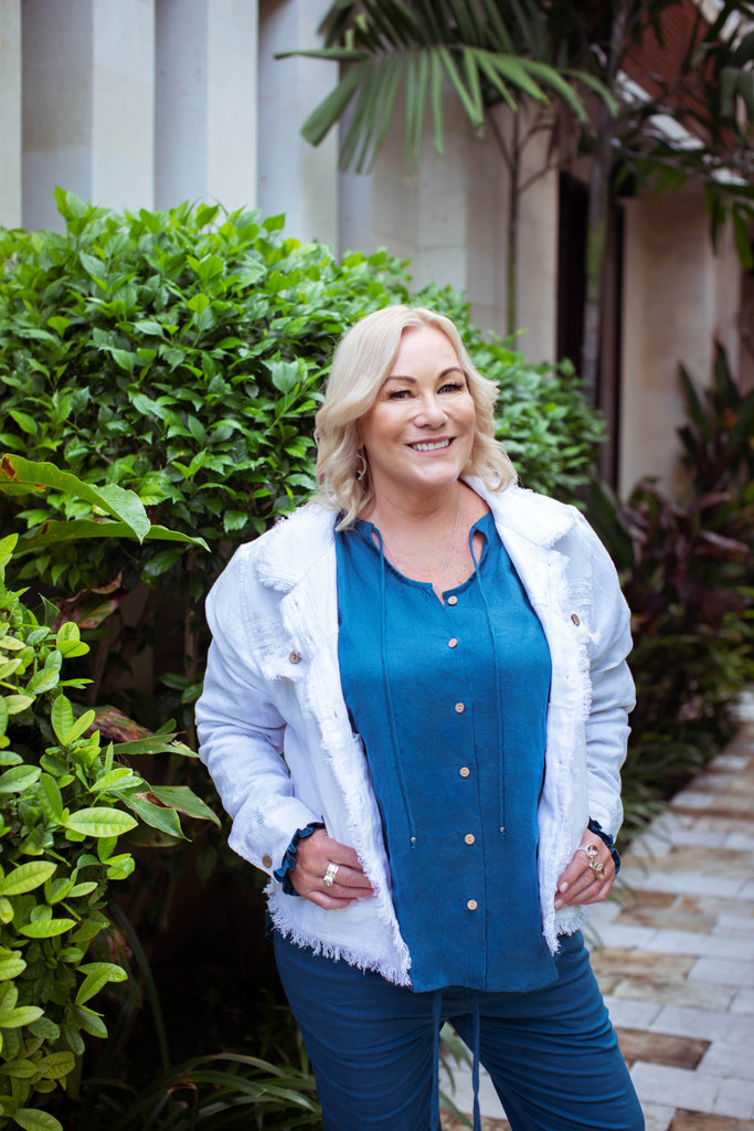 Taleeta - White Jacket - Blue Puff Sleeve Shirt & Blue Cotton Pants - Facing Front Right - Medium Fullshot