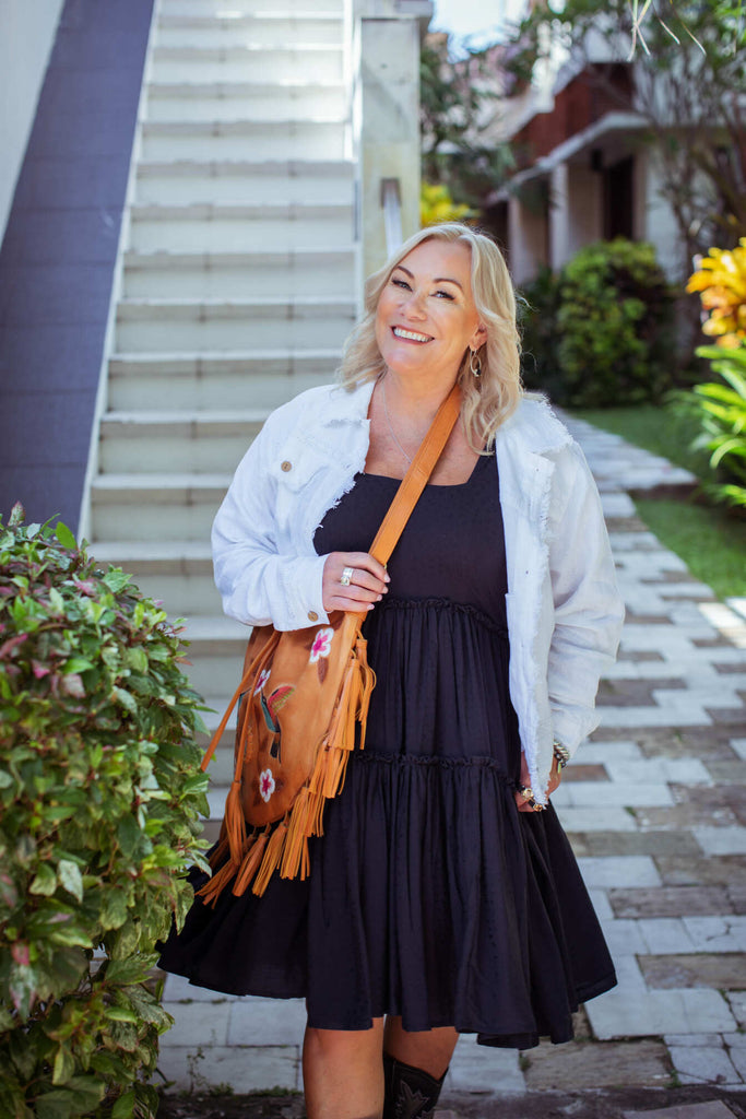 Taleeta - White Jacket - Indigo Dress & Leather Bag - Facing Front - Medium Fullshot