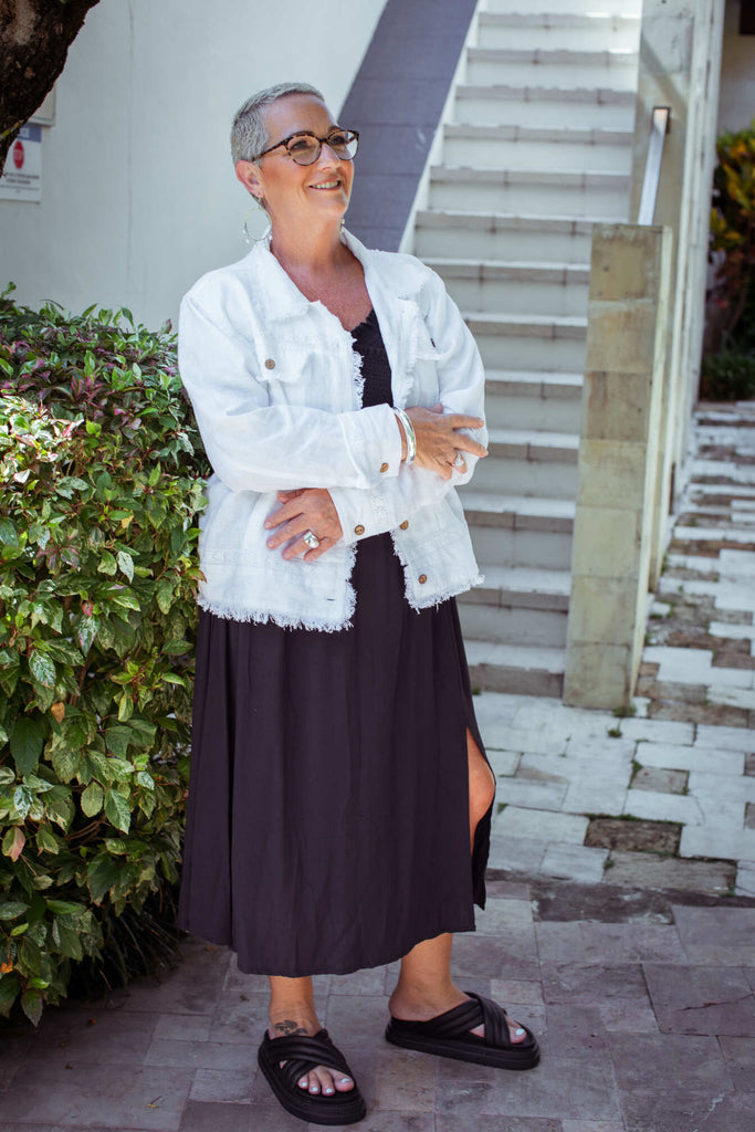 Taleeta - White Jacket - Indigo Dress - Facing Front Right - Fullshot