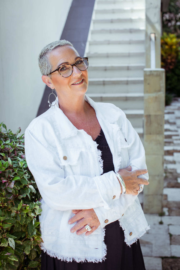 Taleeta - White Jacket - Indigo Dress - Facing Front Right - Medium Fullshot