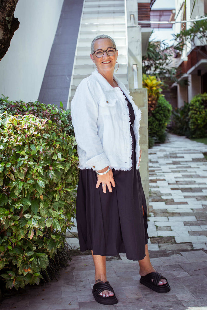 Taleeta - White Jacket - Indigo Dress - Facing Front Right - Fullshot