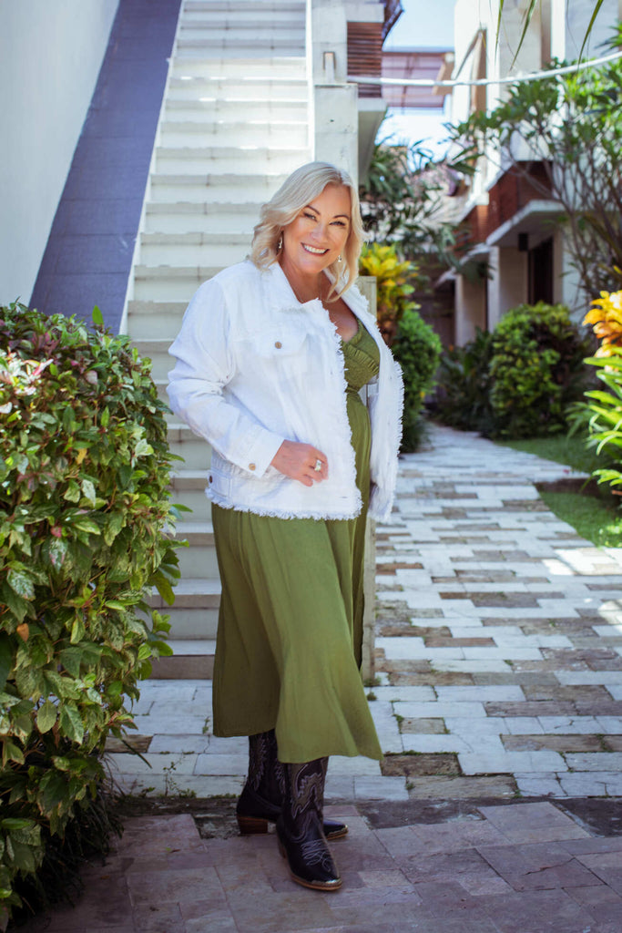 Taleeta - White Jacket - Leaf Dress - Facing Front Right - Fullshot