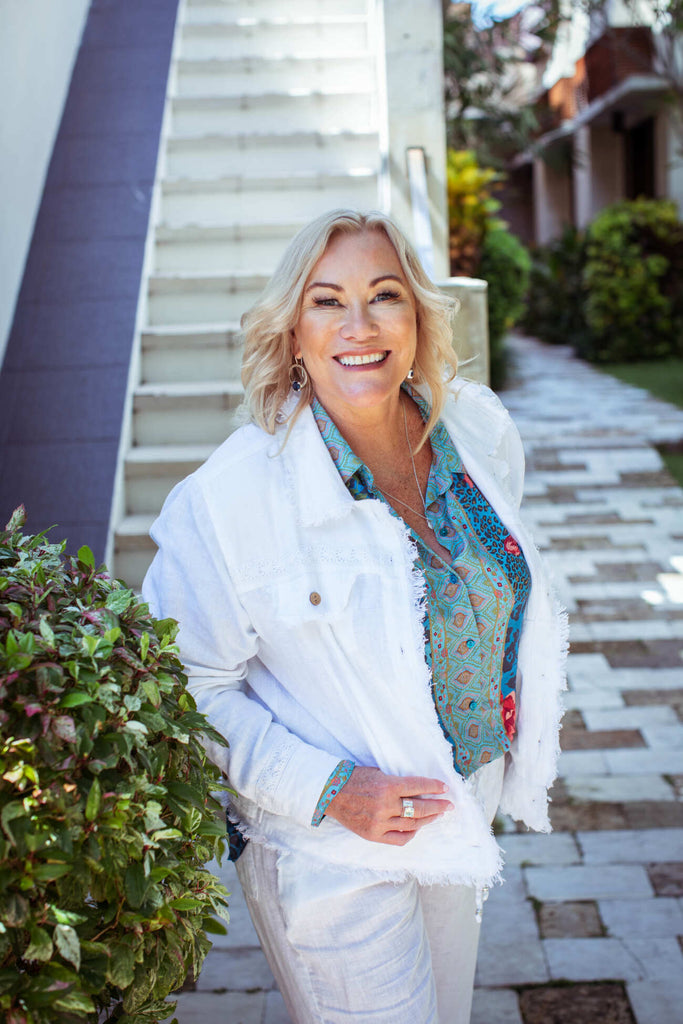 Taleeta - White Jacket - Blue Hibiscus Jungle Blouse - Facing Front - Medium Fullshot