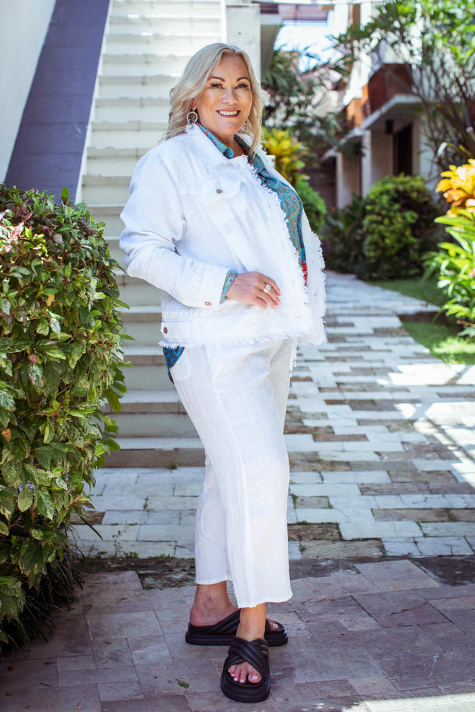 Taleeta - White Jacket - Blue Hibiscus Jungle Blouse - Facing Front Right - Fullshot