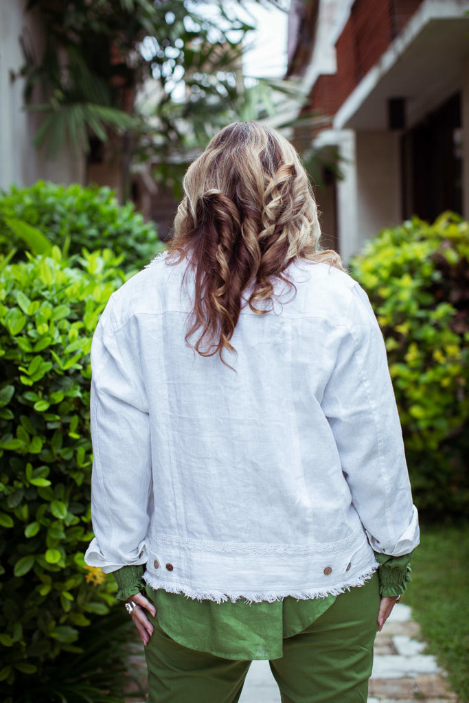 Taleeta - White Jacket - Leaf Puff Sleeve Shirt & Leaf Cotton Pants - Facing Backward - Medium Fullshot