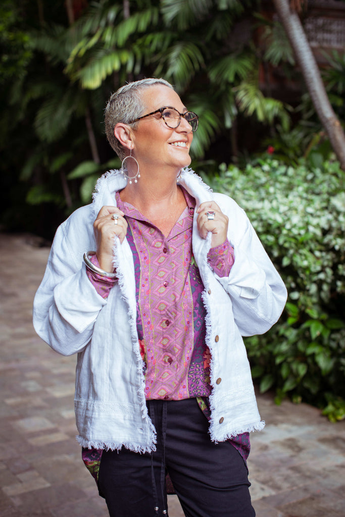 Taleeta - White Jacket - Purple Hibiscus Jungle Blouse & Indigo Cotton Pants - Facing Front Right - Medium Fullshot