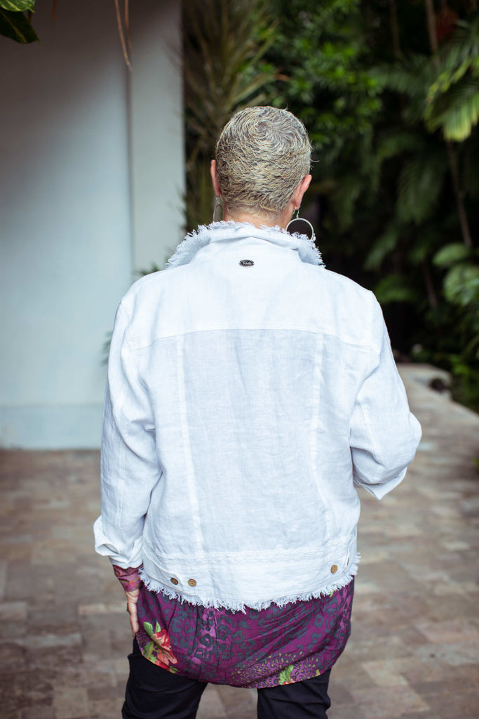 Taleeta - White Jacket - Purple Hibiscus Jungle Blouse & Indigo Cotton Pants - Facing Backward - Medium Fullshot