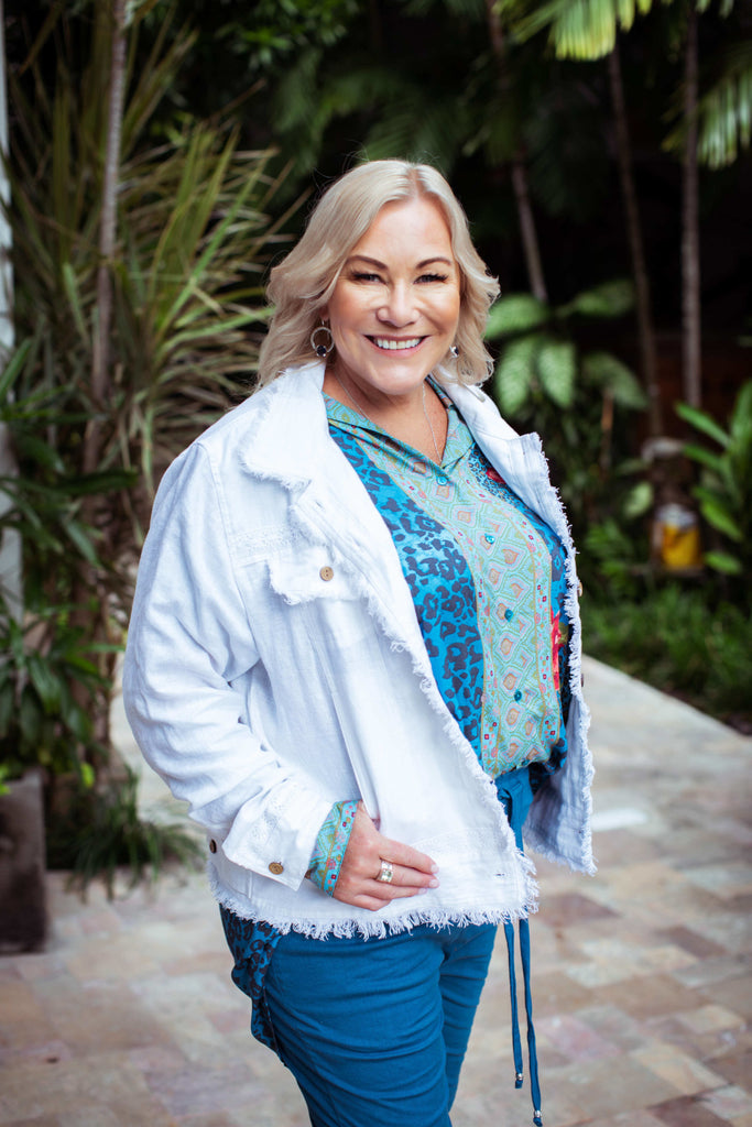 Taleeta - White Jacket - Blue Hibiscus Jungle Blouse & Blue Cotton Pants - Facing Front Right - Medium Fullshot