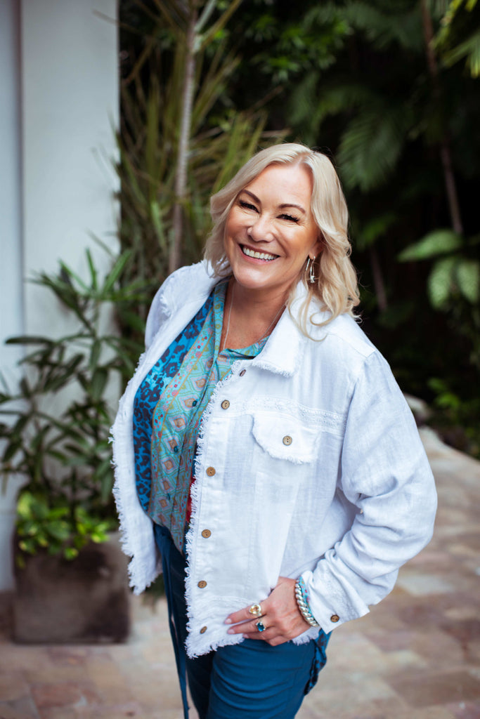 Taleeta - White Jacket - Blue Hibiscus Jungle Blouse & Blue Cotton Pants - Facing Front Left - Medium Fullshot