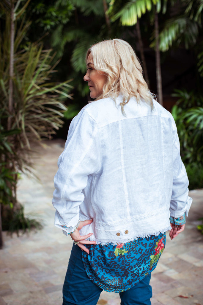 Taleeta - White Jacket - Blue Hibiscus Jungle Blouse & Blue Cotton Pants - Facing Backward - Medium Fullshot