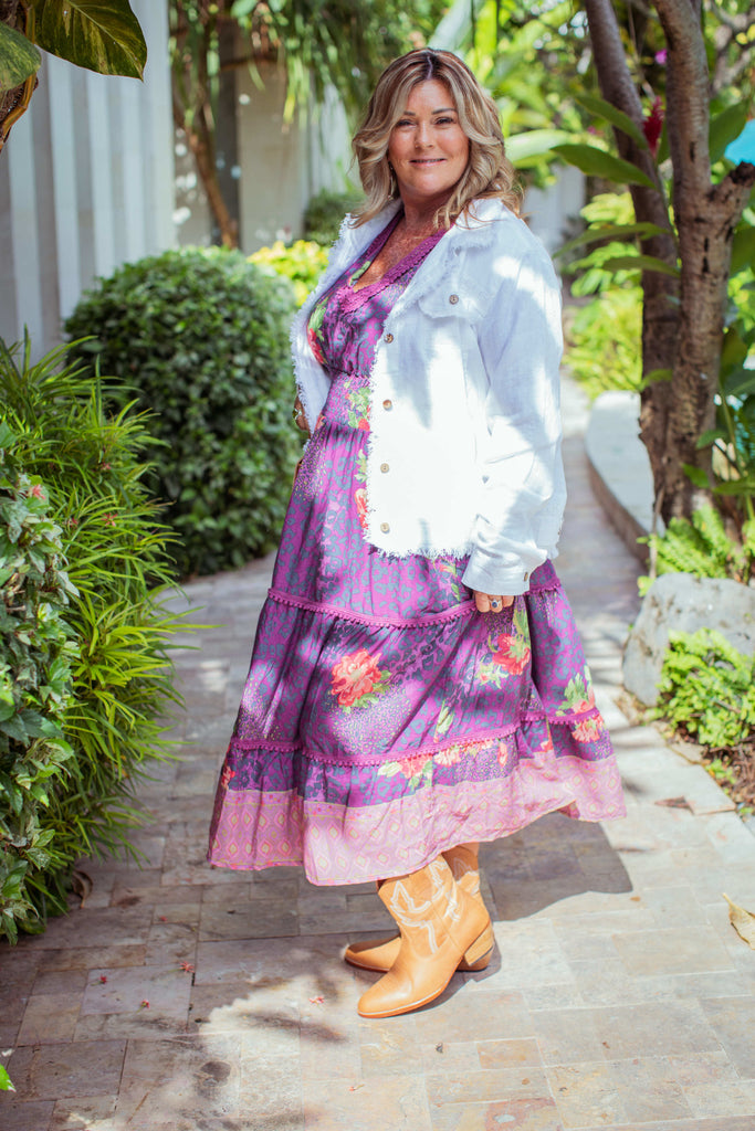 Taleeta - White Jacket - Purple Hibiscus Jungle Dress & Leather Bag - Facing Left Side - Fullshot