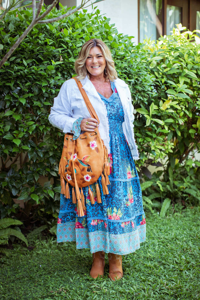 Taleeta - White Jacket - Blue Hibiscus Jungle Dress & Leather Bag - Facing Front - Fullshot