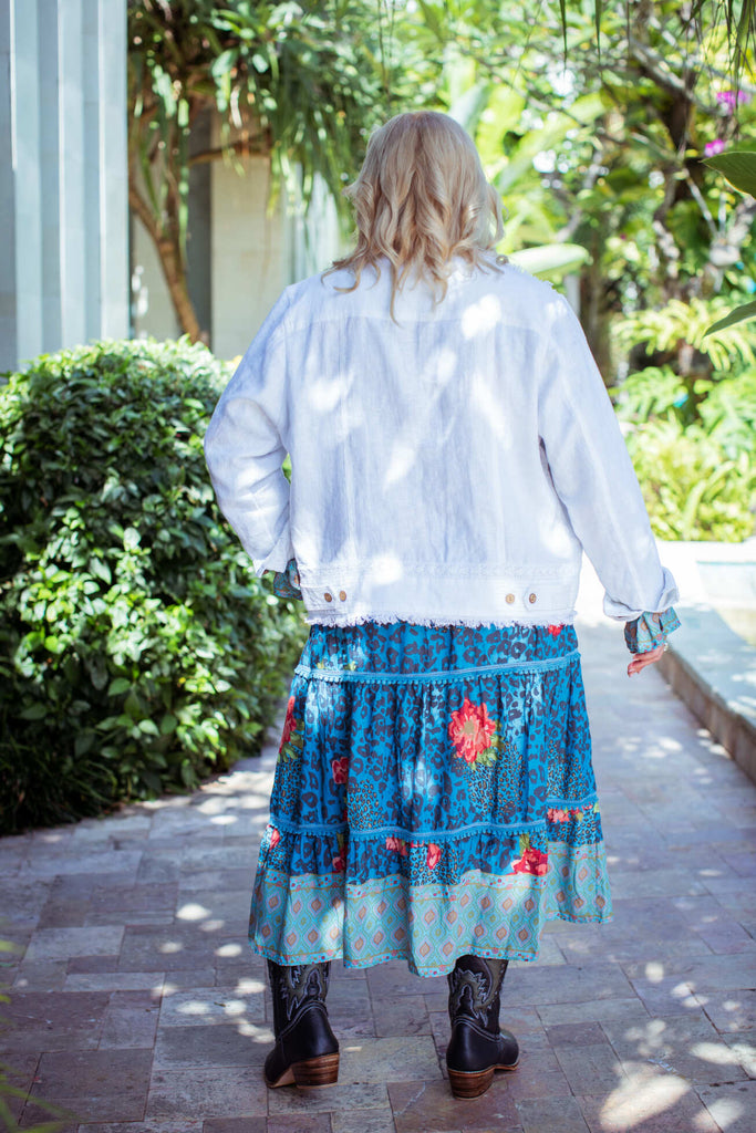 Taleeta - White Jacket - Blue Hibiscus Jungle Dress - Facing Backward - Fullshot