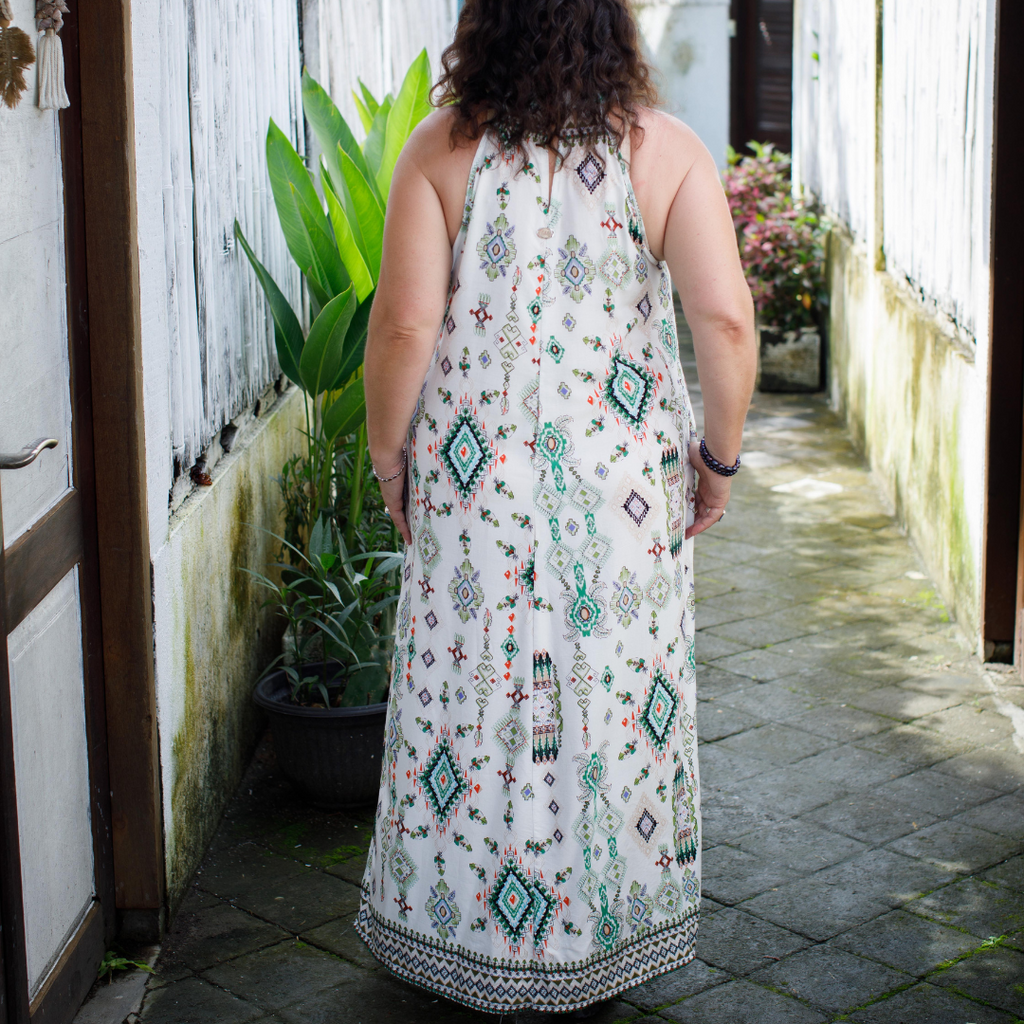 Menopause friendly  long, patterned dress 