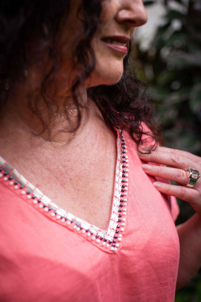 Taleeta - Linen tunic - coral - beading