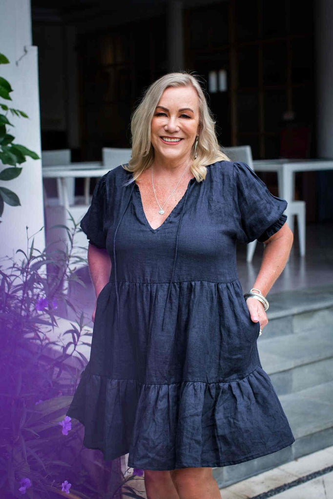 Taleeta - Linen Dress - Puff sleeve - Indigo - pockets