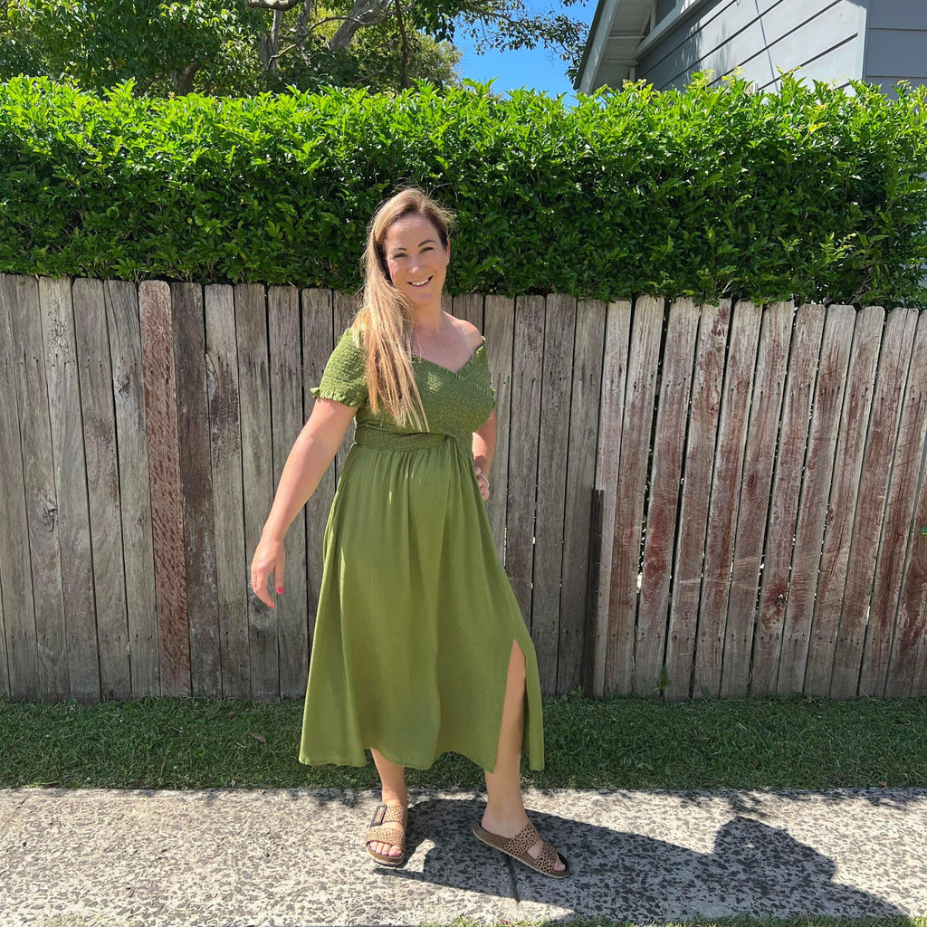 Shirred Bodice Off Shoulder Dress - Leaf