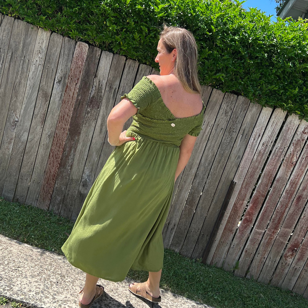 Shirred Bodice Off Shoulder Dress - Leaf - back view