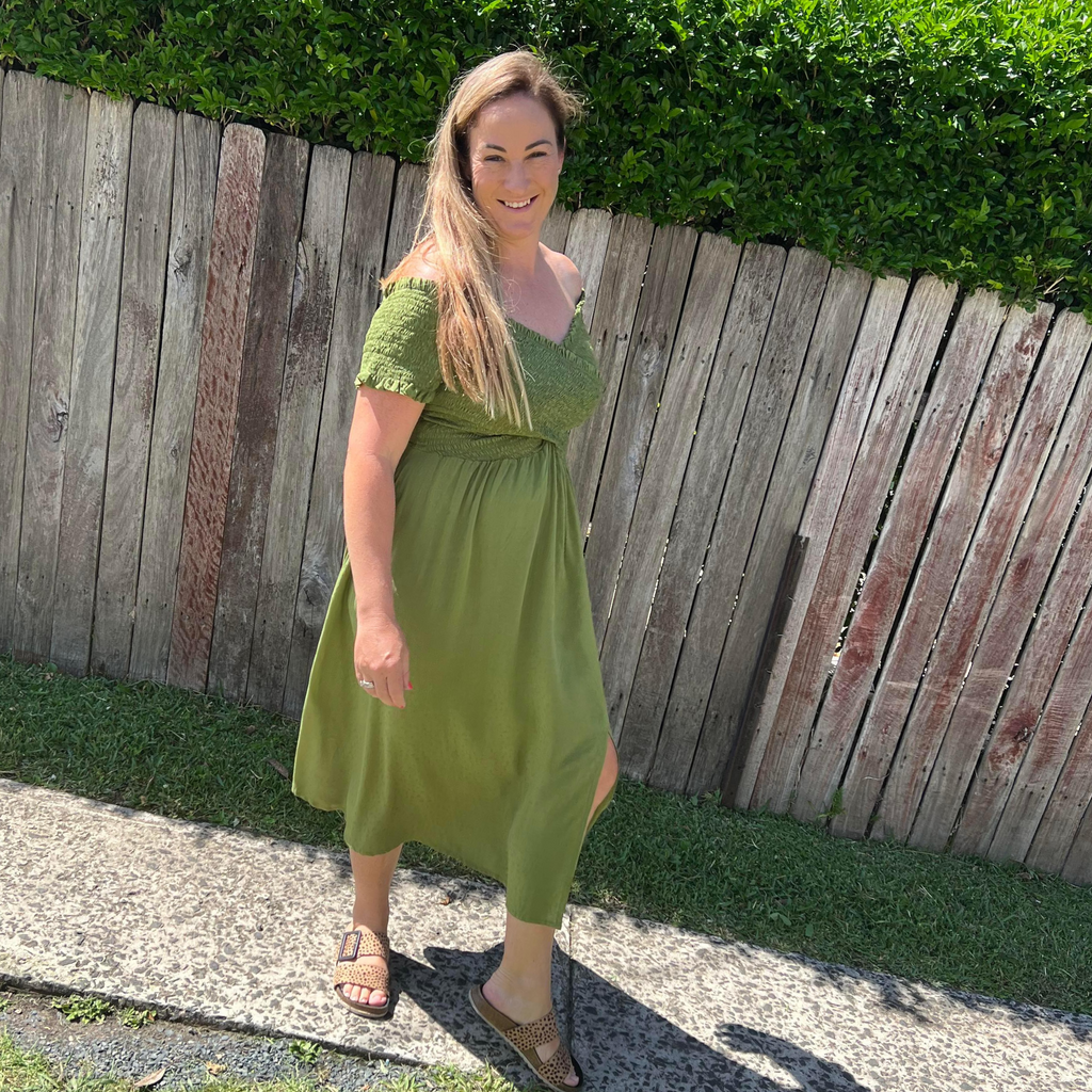 Shirred Bodice Off Shoulder Dress - Leaf