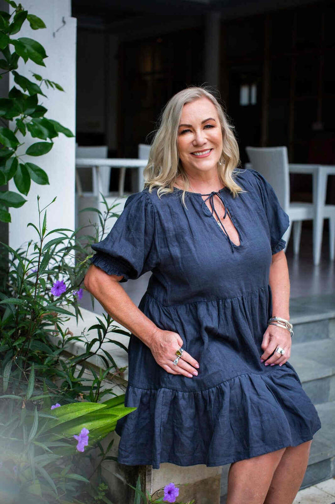 Taleeta - Linen Dress - Puff sleeve - Indigo - tied up