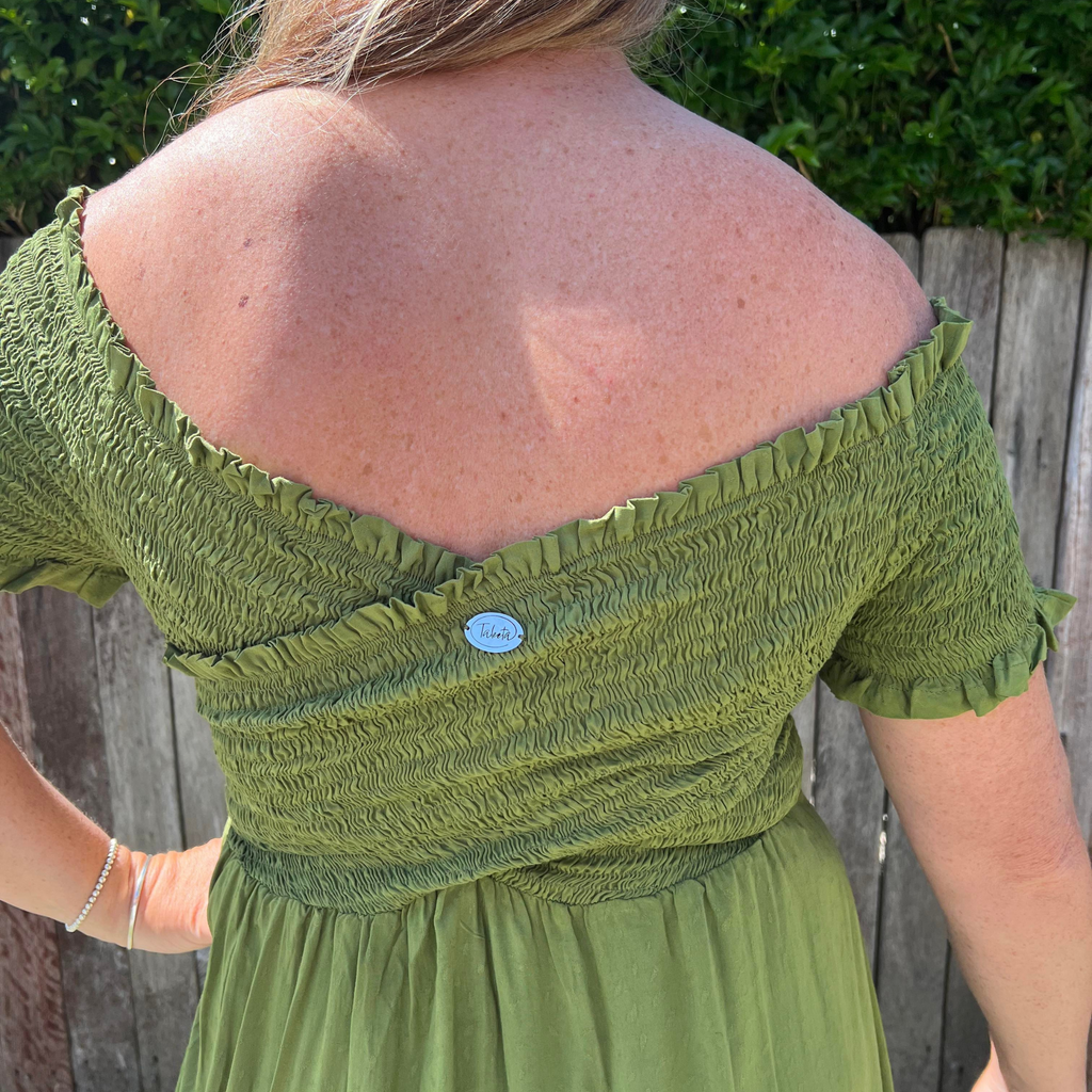 close up of back - shirred Bodice Off Shoulder Dress - Leaf