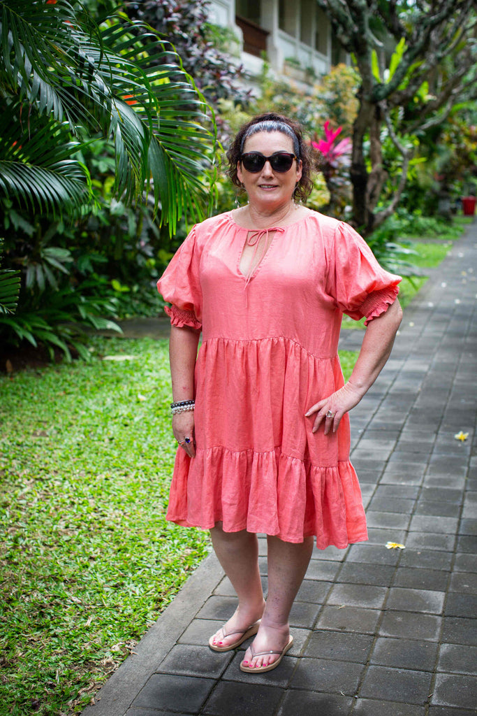 Taleeta - Linen Dress - Puff Sleeve - Coral - tied up