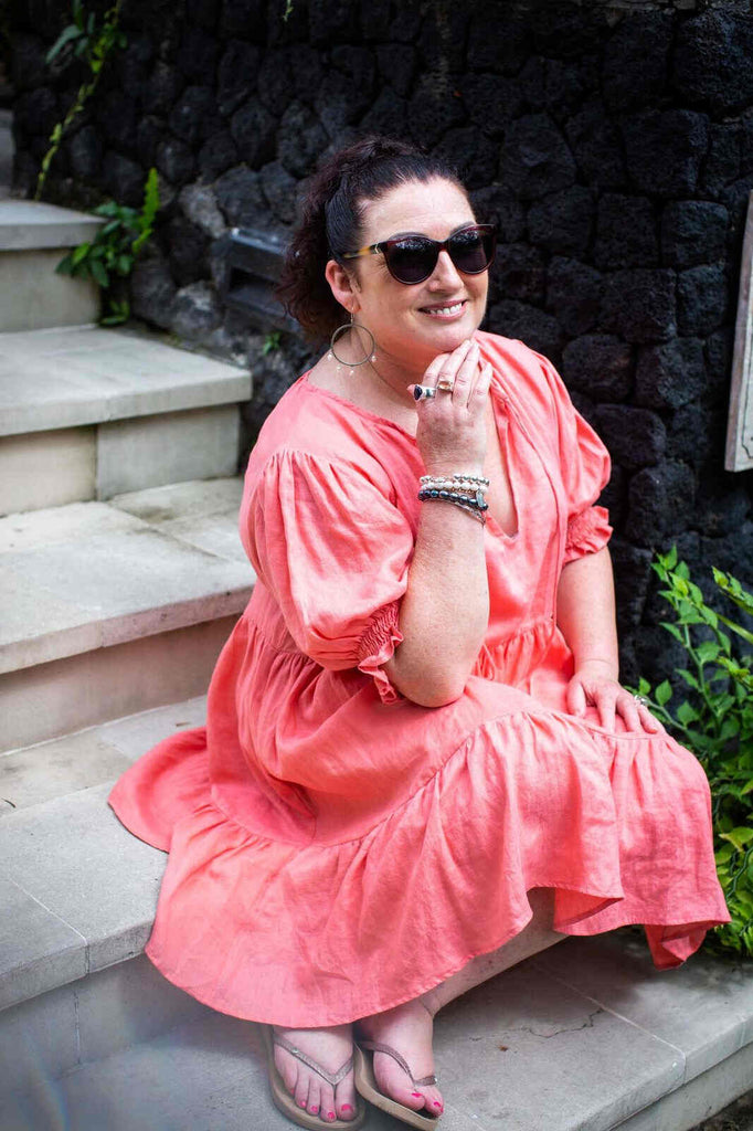 Taleeta - Linen Dress - Puff Sleeve - Coral