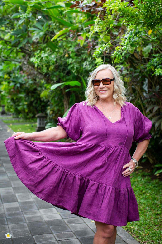 Taleeta - Linen Dress - Puff sleeve  - full skirt