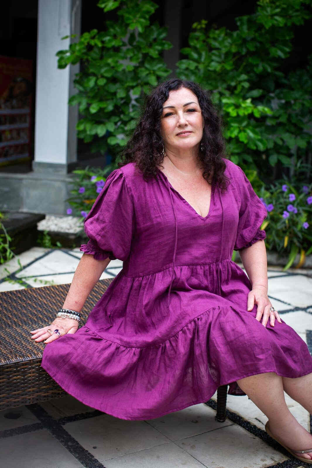 purple linen dresses Lavender Cotton-Linen Cinched Waist Flared Maxi Dress 28" / Petite (5'1" and below)