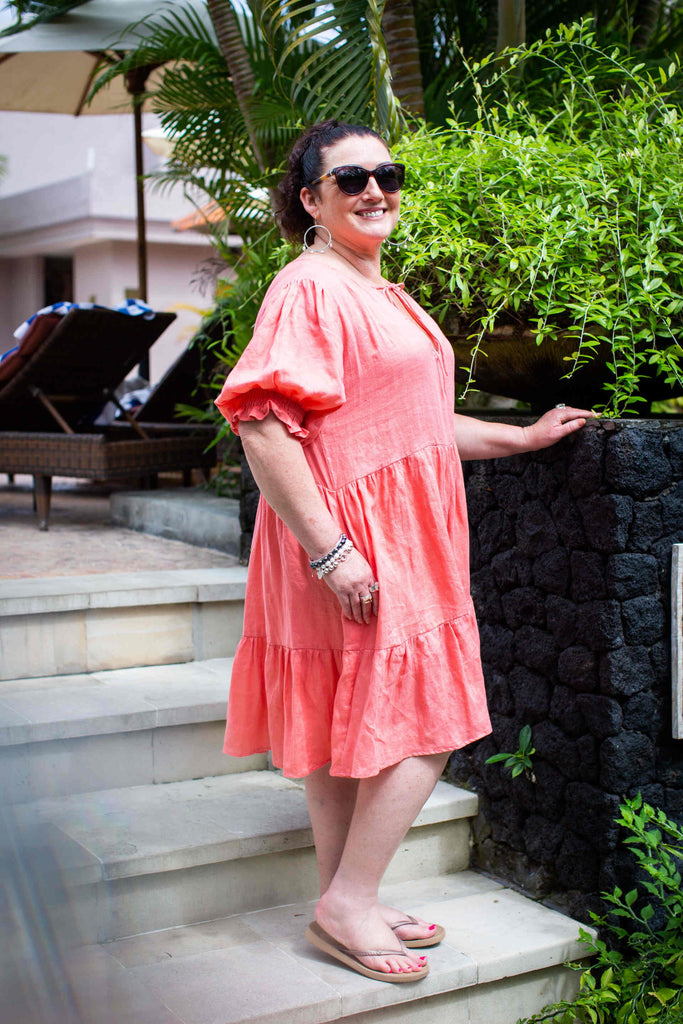 Taleeta - Linen Dress - Puff Sleeve - Coral