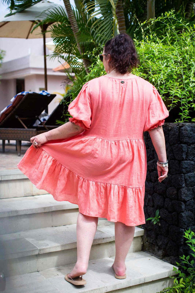 Taleeta - Linen Dress - Puff Sleeve - Coral - Back
